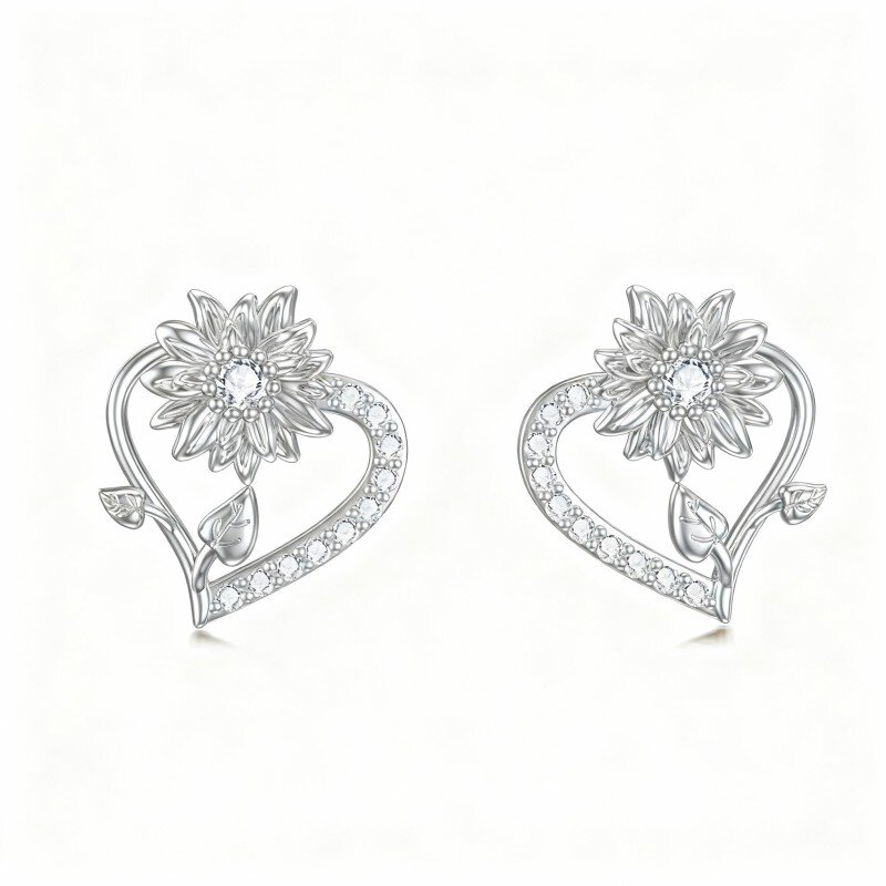 10K White Gold Cubic Zirconia Sunflower & Heart Stud Earrings-1