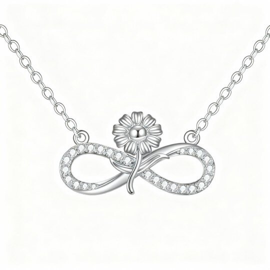 Colar com pendente girassol e símbolo do infinito em ouro branco 10K com zircónias cúbicas