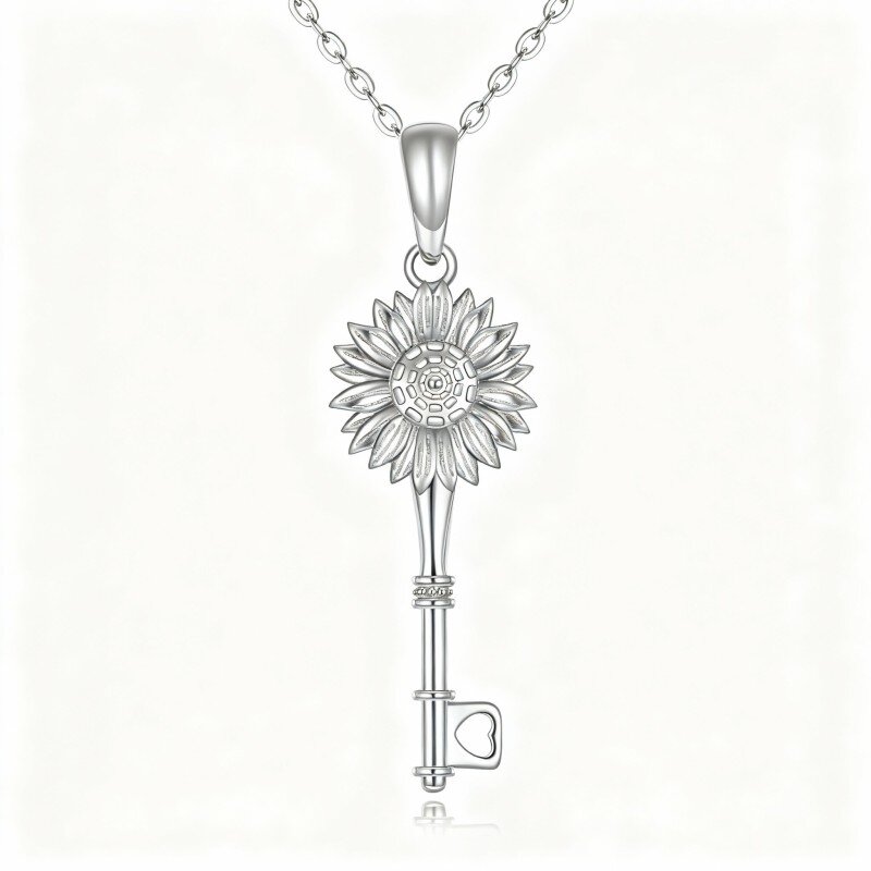 10K White Gold Sunflower & Key Pendant Necklace-11