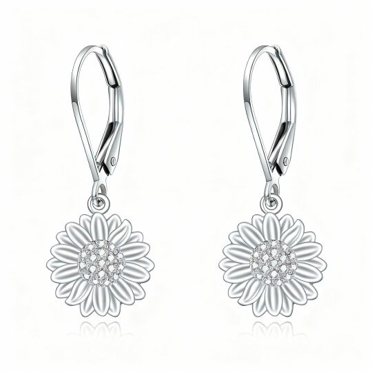 10K White Gold Cubic Zirconia Sunflower Lever-back Earrings
