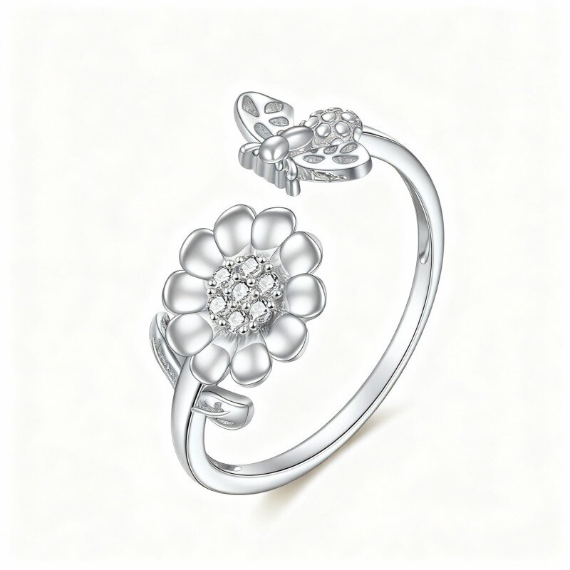 Anillo abierto de girasol con circonita cúbica en oro blanco de 10 quilates-8