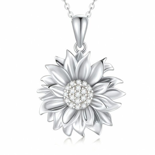 Colar com pendente girassol em ouro branco 9K e zircónias cúbicas