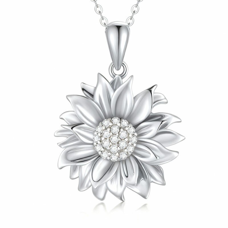 Colar com pendente girassol em ouro branco 9K e zircónias cúbicas-6