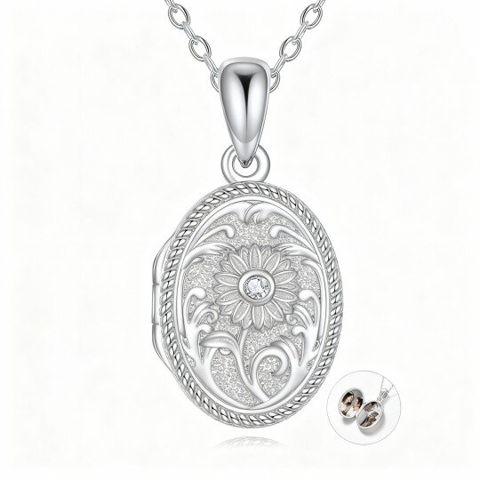 10K White Gold Cubic Zirconia Sunflower & Personalized Photo Personalized Photo Locket Necklace
