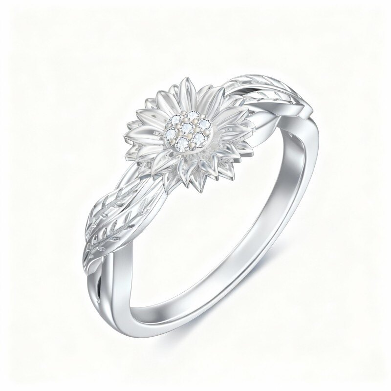 خاتم عباد الشمس من الذهب الأبيض عيار 18 قيراطًا مرصع بالزركونيا المكعبة-1