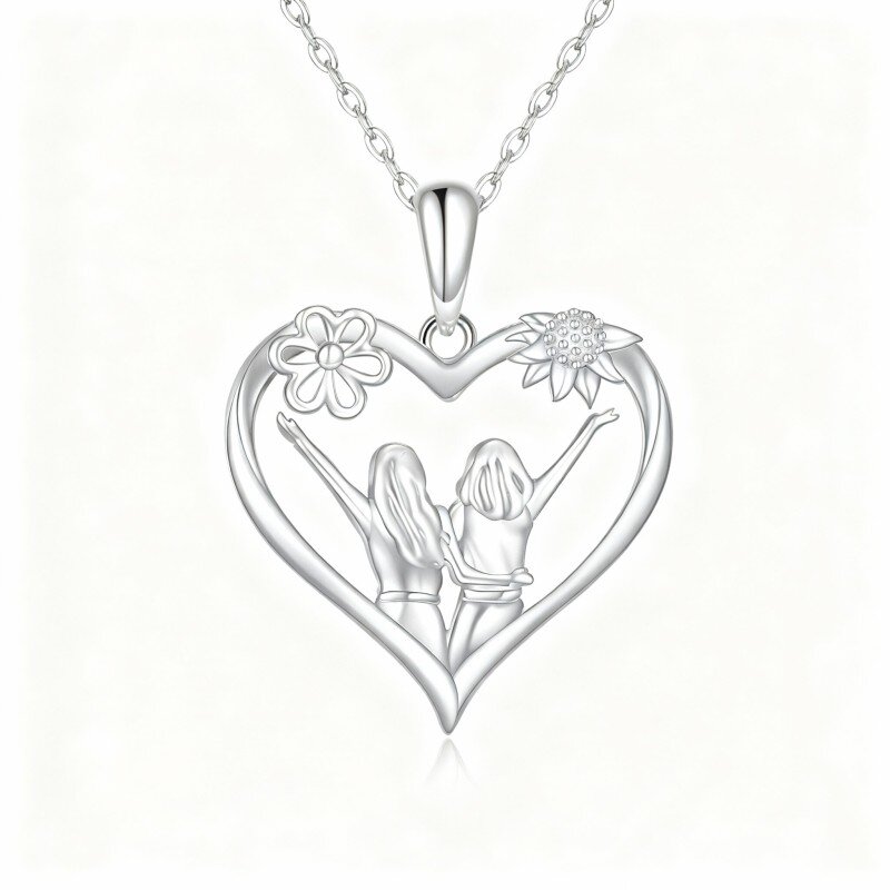 10K White Gold Sunflower & Sisters & Heart Pendant Necklace-16