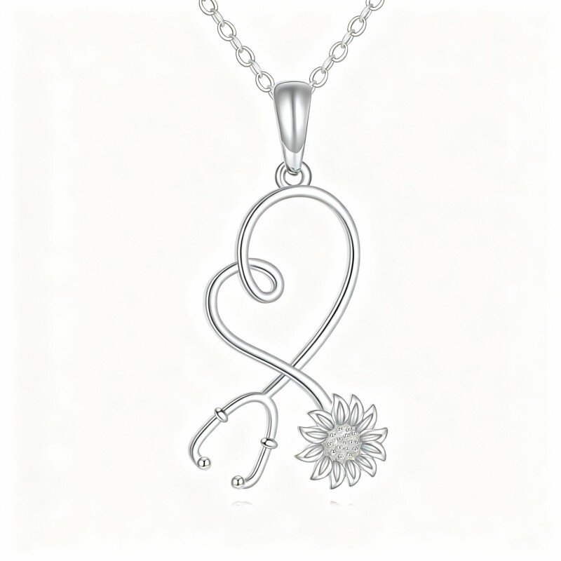 Colar com pendente girassol e estetoscópio em ouro branco 10K-20