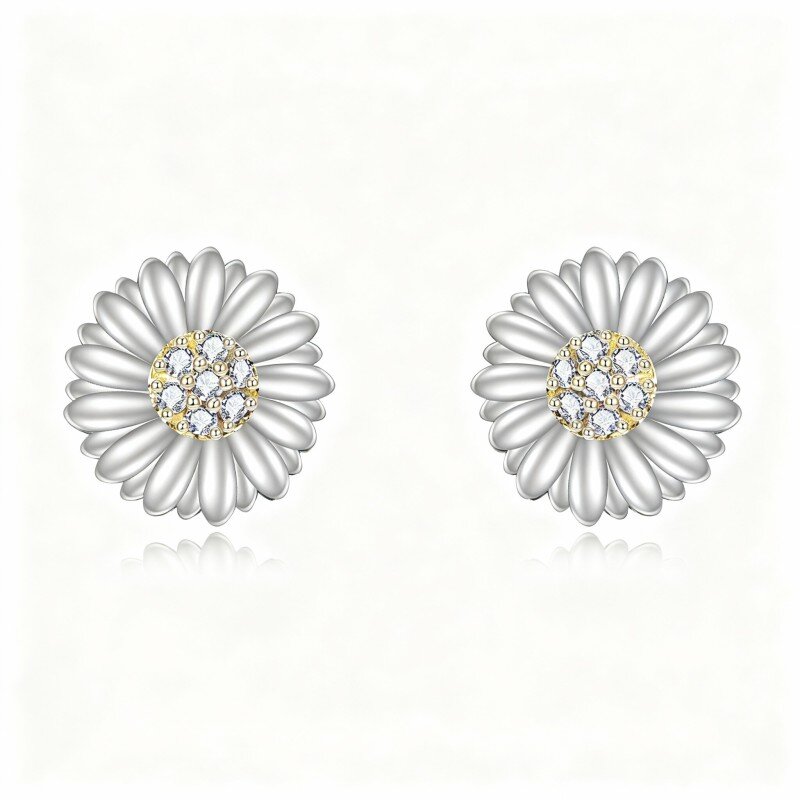 10K White Gold Cubic Zirconia Sunflower Stud Earrings-17