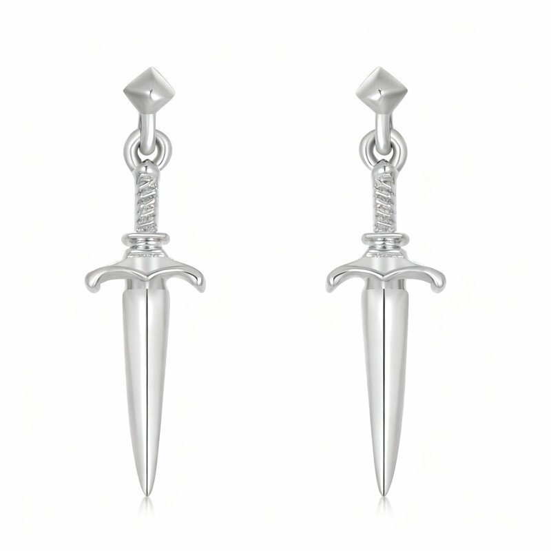 Pendientes colgantes de espada de oro blanco de 10 quilates-16