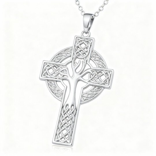 10K White Gold Tree Of Life & Celtic Knot & Cross Pendant Necklace