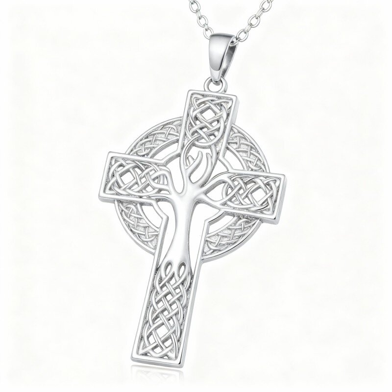 Collana con ciondolo a forma di albero della vita, nodo celtico e croce in oro bianco 10 carati-11