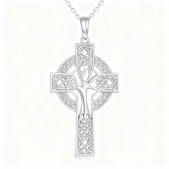 10K White Gold Tree Of Life & Celtic Knot & Cross Pendant Necklace