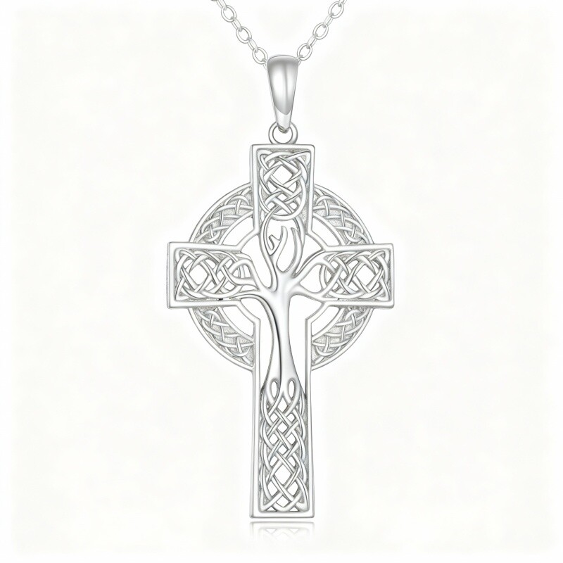 10K White Gold Tree Of Life & Celtic Knot & Cross Pendant Necklace-6