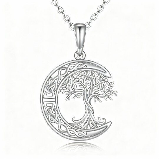 10K White Gold Tree Of Life & Celtic Knot & Moon Pendant Necklace