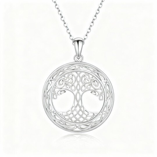 10K White Gold Tree Of Life & Celtic Knot Pendant Necklace