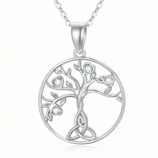 10K White Gold Cubic Zirconia Tree Of Life & Celtic Knot Pendant Necklace