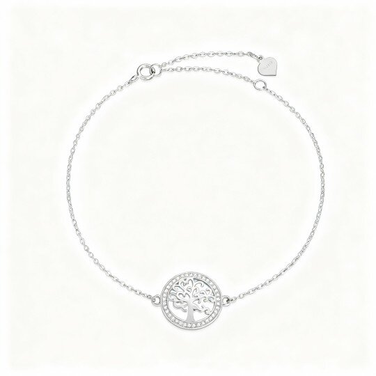 9K White Gold Cubic Zirconia Tree Of Life Charm Bracelet