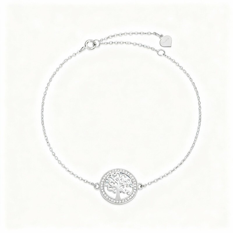 Pulsera con dije del Árbol de la Vida en oro blanco de 9 quilates y circonitas cúbicas-16