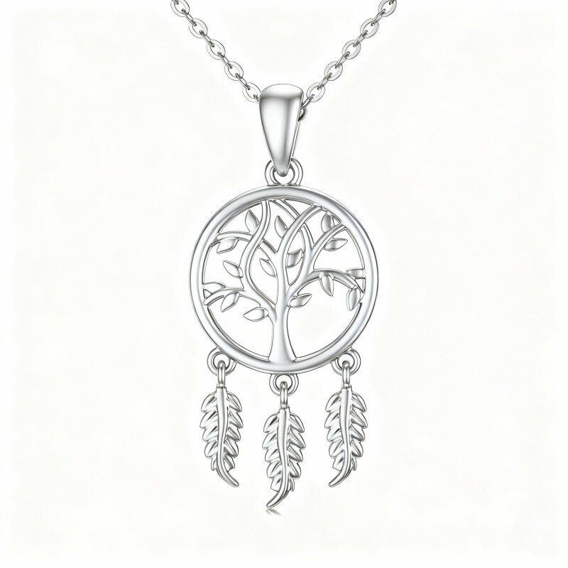 Colar com pendente Árvore da Vida e Apanhador de Sonhos em Ouro Branco 9K-1