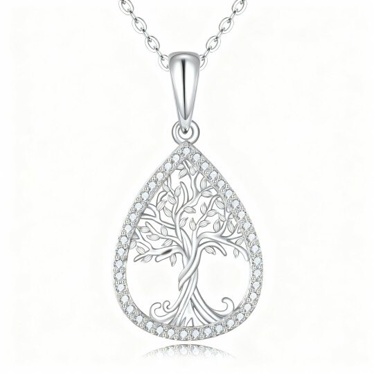 Halskette aus 10-karätigem Weißgold mit Zirkonia-Anhänger in Form eines Lebensbaums und Tropfenform