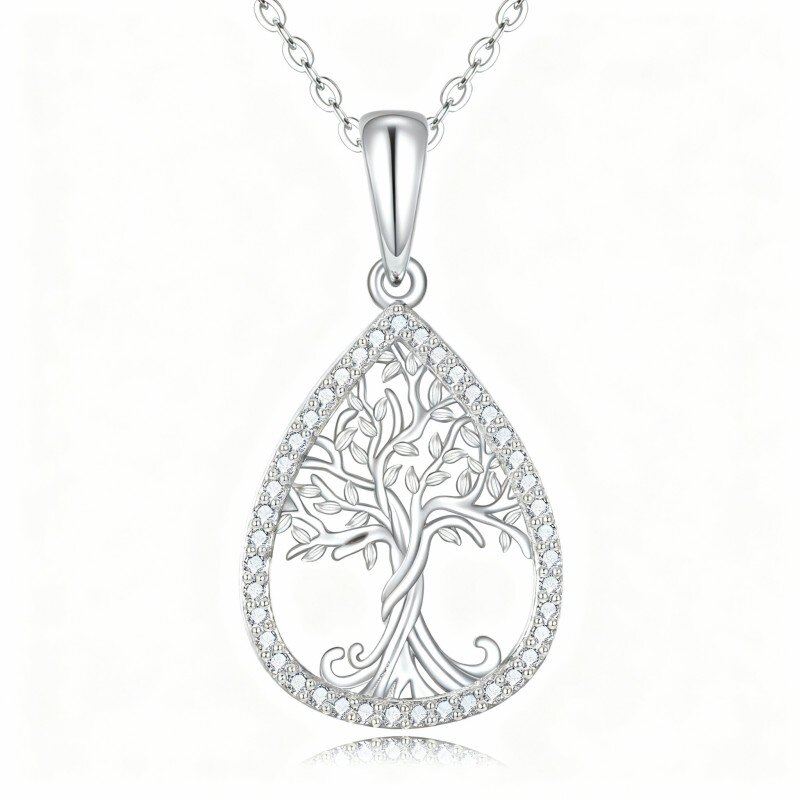 Colar com pendente em forma de gota e árvore da vida em ouro branco 10K com zircónias cúbicas-18