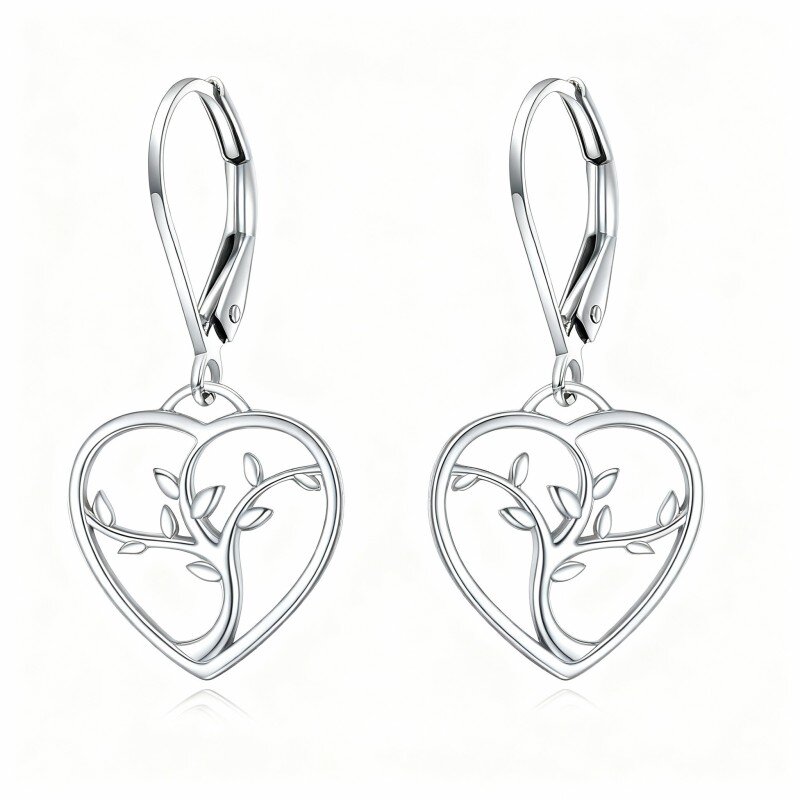 10K White Gold Tree Of Life & Heart Drop Earrings-2