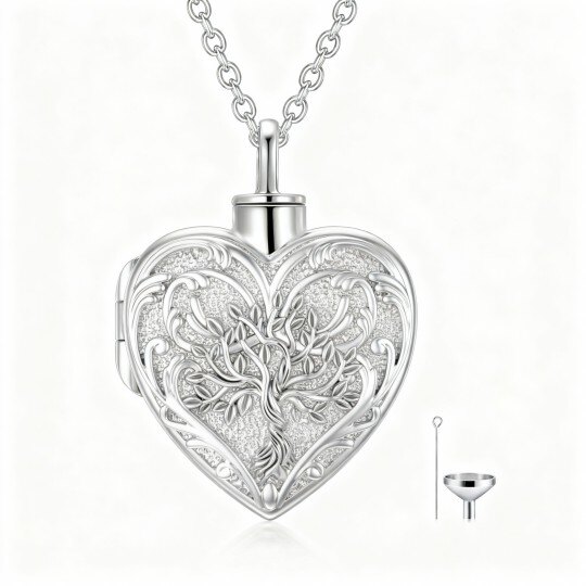 Collier urne funéraire en or blanc 10 carats représentant l'arbre de vie et un cœur