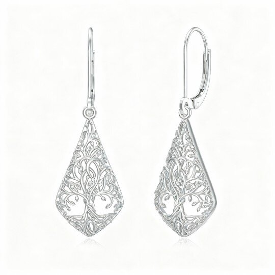 Pendientes de oro blanco de 10 quilates con forma de árbol de la vida y cierre de palanca