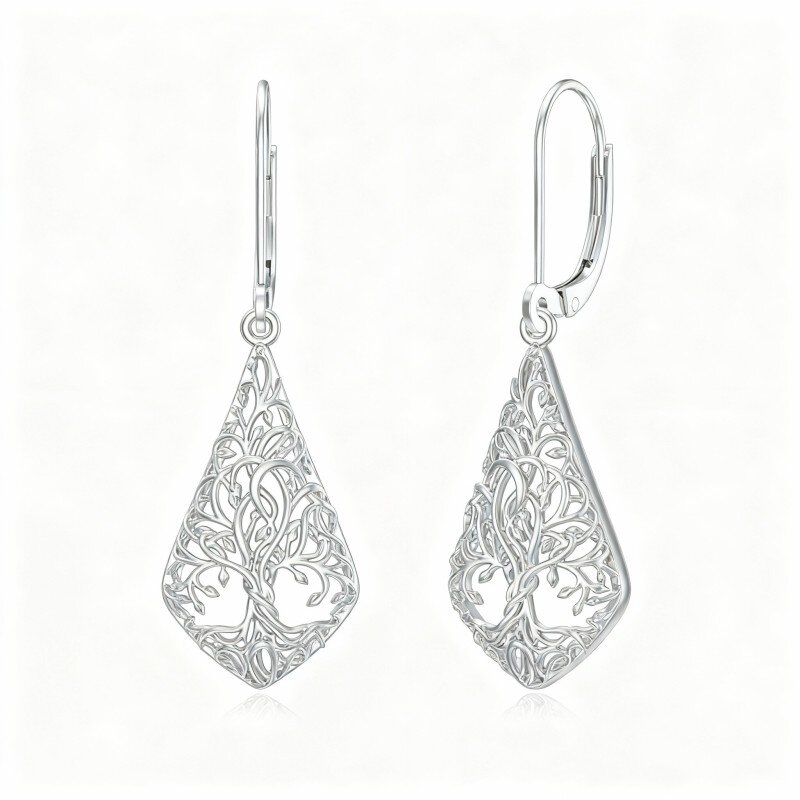 10K White Gold Tree Of Life Lever-back Earrings-5
