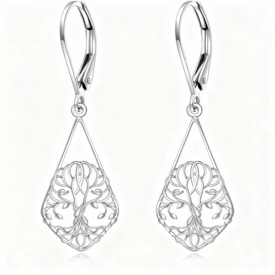 Pendientes de oro blanco de 10 quilates con forma de árbol de la vida y cierre de palanca