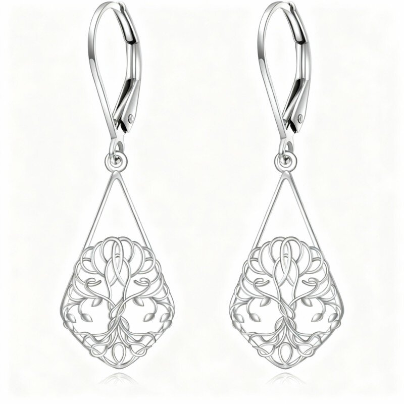 10K White Gold Tree Of Life Lever-back Earrings-10