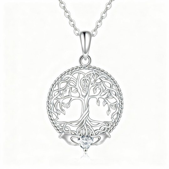 10K White Gold Cubic Zirconia Tree Of Life Pendant Necklace