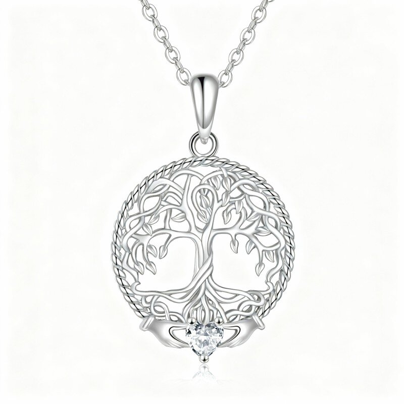 Colar com pendente Árvore da Vida em ouro branco 10K e zircónias cúbicas-15