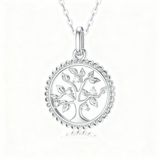 10K White Gold Cubic Zirconia Tree Of Life Pendant Necklace