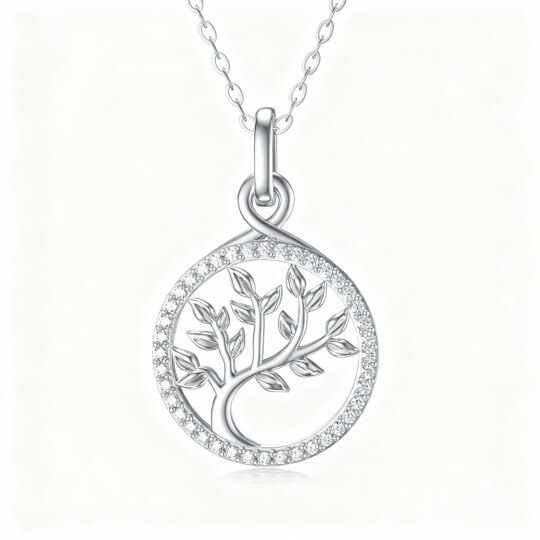 Collier pendentif Arbre de Vie en or blanc 10 carats et zirconiums cubiques