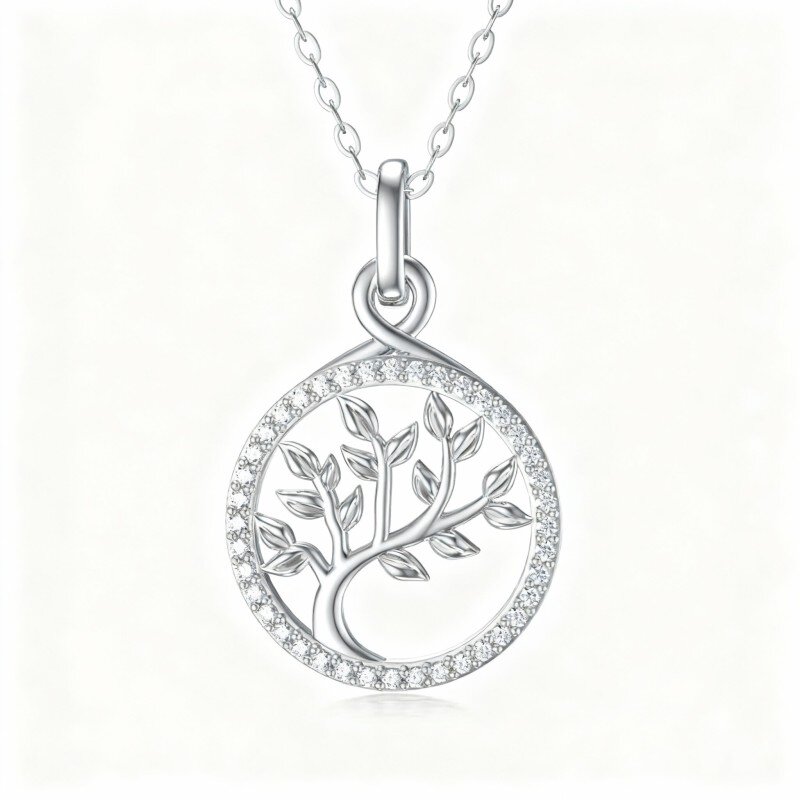 10K White Gold Cubic Zirconia Tree Of Life Pendant Necklace-6