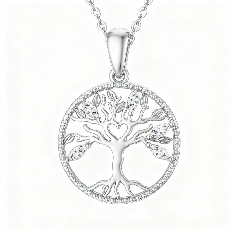 10K White Gold Cubic Zirconia Tree Of Life Pendant Necklace-6