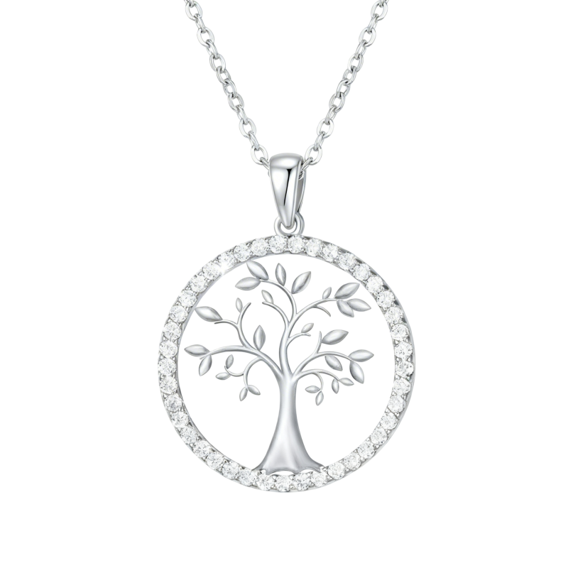 Collar con colgante del Árbol de la Vida de oro blanco de 10 quilates con circonitas cúbicas.-1