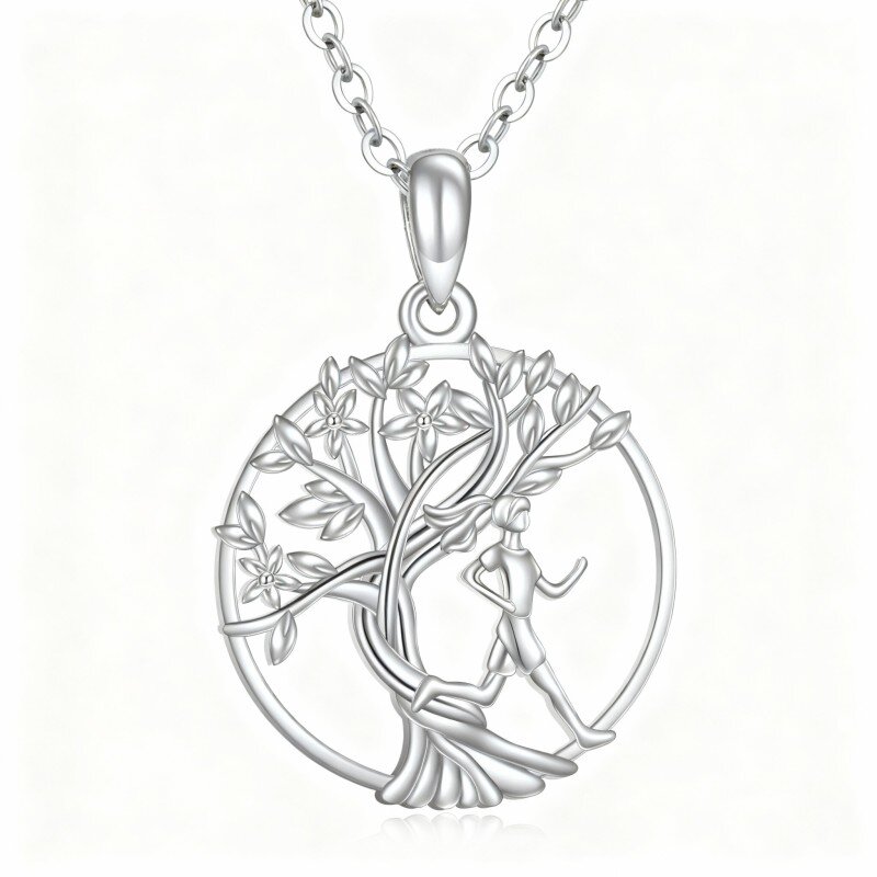 Collier pendentif Arbre de Vie et Coureur en or blanc 10 carats-15