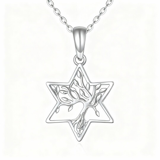 Colar com pendente Árvore da Vida e Estrela de David em ouro branco 10K