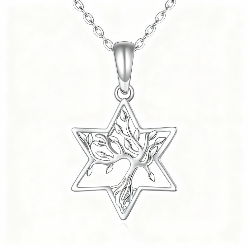 Colar com pendente Árvore da Vida e Estrela de David em ouro branco 10K-15