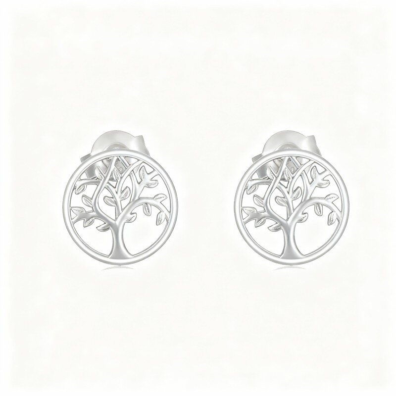 Brincos de pino em forma de Árvore da Vida, banhados a platina e ouro branco.-1