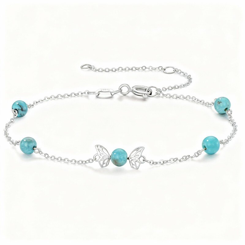 10K White Gold Turquoise Butterfly Bead Station Chain Bracelet-17