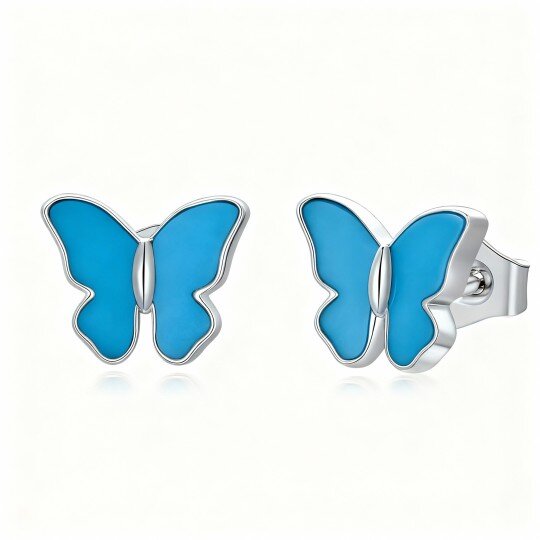 10K White Gold Turquoise Butterfly Stud Earrings