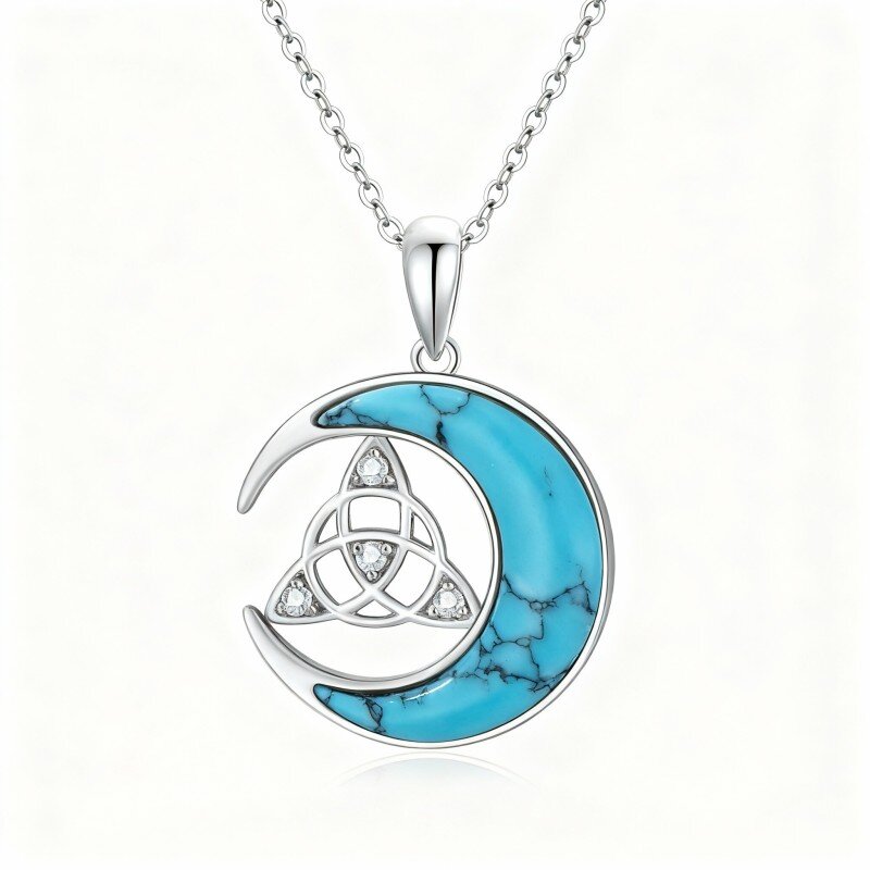 Colar com pendente de nó celta e lua em ouro branco 10K com zircónias cúbicas e turquesa-15