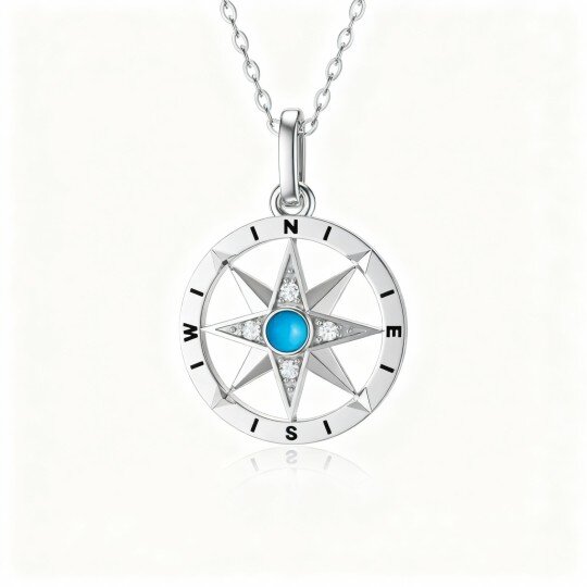 9K White Gold Turquoise Compass Pendant Necklace