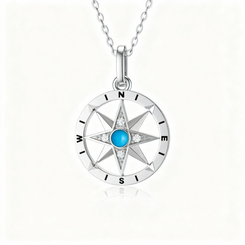 Collar con colgante de brújula de turquesa en oro blanco de 9 quilates-11