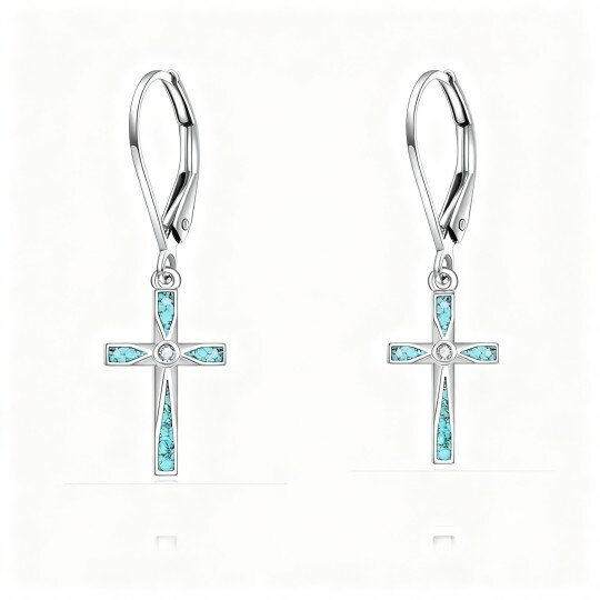Brincos cruz com turquesa em ouro branco 10K