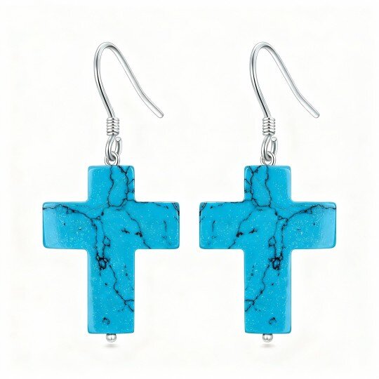 10K White Gold Turquoise Cross Drop Earrings