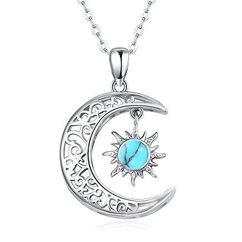 Colar com pendente de lua e sol turquesa em platina com banho de ouro branco.-1